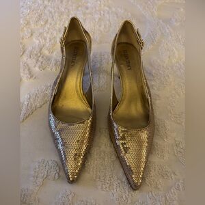 STUNNING ELLEN TRACY GOLD SEQUIN KITTEN HEEL PUMPS MINT CONDITION SIZE 9M